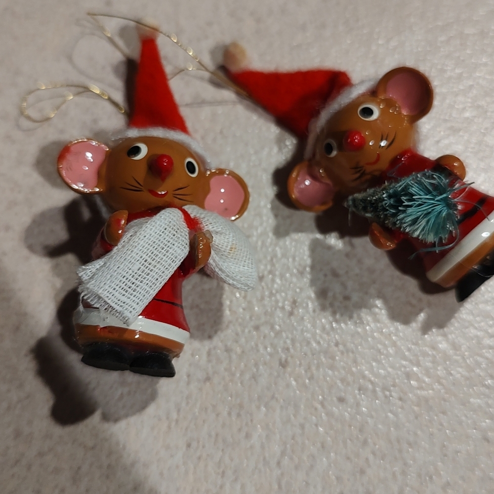 Two Tiny Wooden Mice Ornaments With Hang String Both Wearing Red Santa Hat.